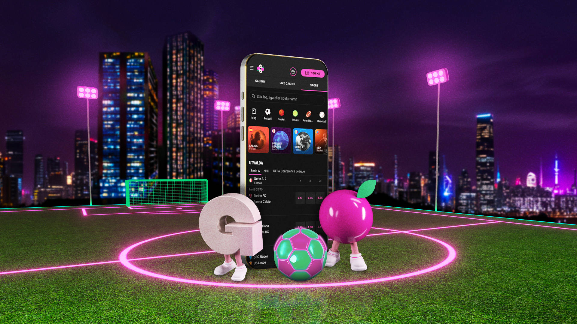 Mobil med sportspel, fotboll och sökfält. "G"- och äppelmaskotar på en fotbollsplan.