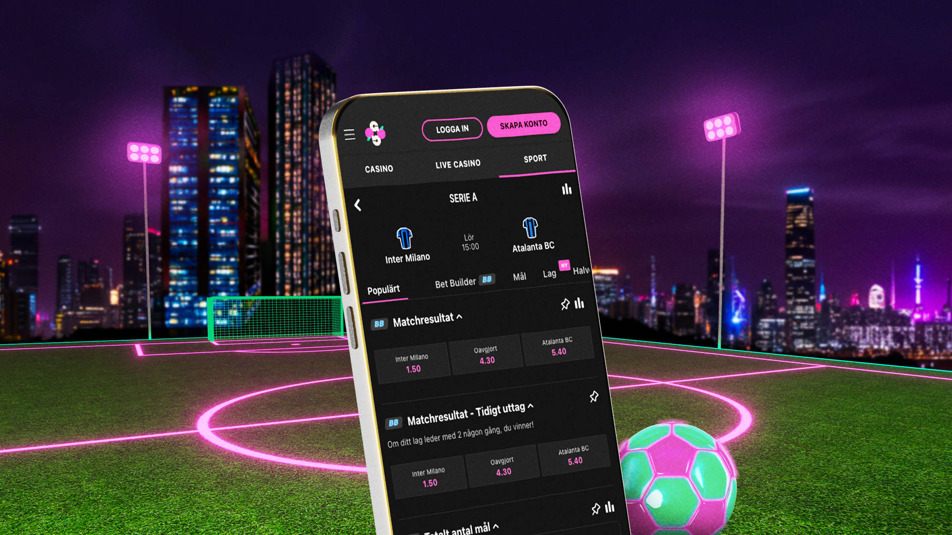 Mobilskärm visar sportspel med Bet Builder och matchresultat på en fotbollsplan i neonljus.